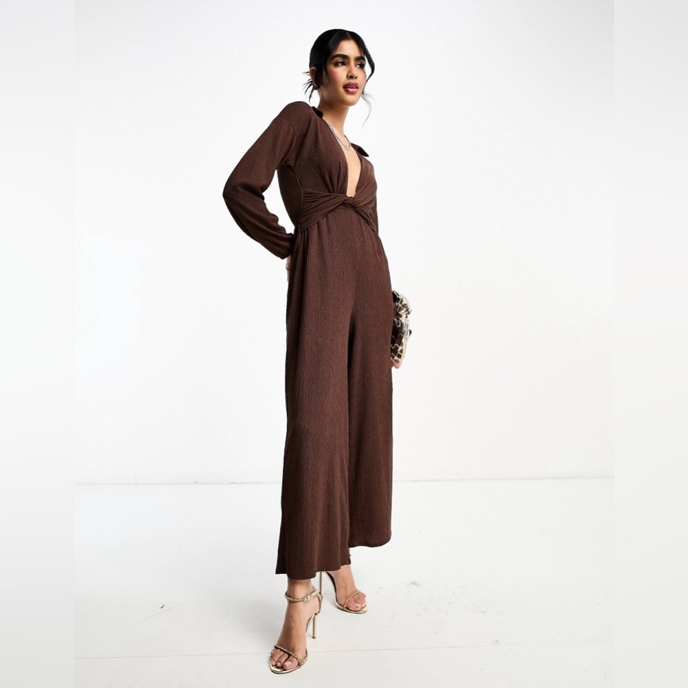 ASOS DESIGN textured jersey jumpsuit with twist front in brown